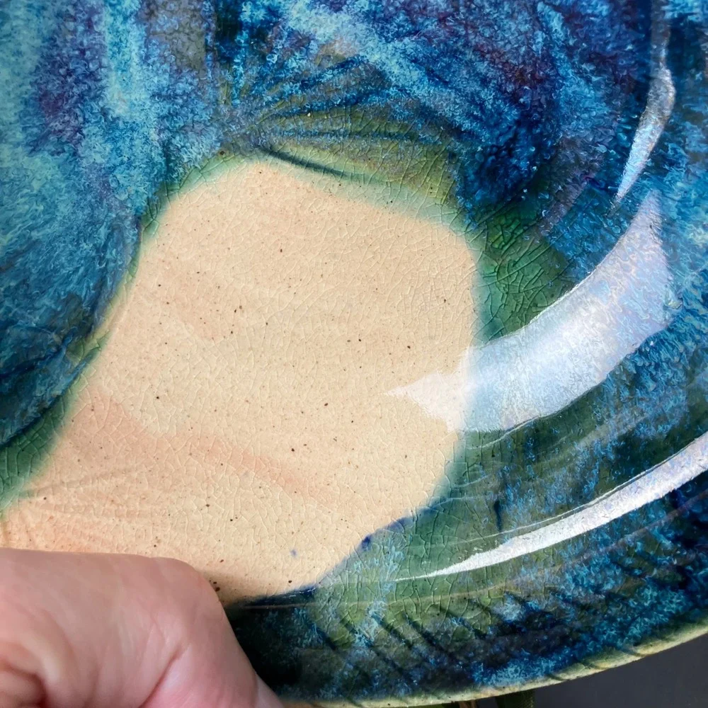 James Lawson Pottery Fish Bowl 1994 Vintage Blue Teal Drip Glaze Handcrafted Art